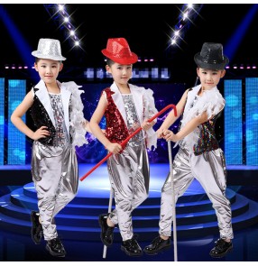Silver black rainbow red sequins paillette boys kids baby children girls stage performance school play hip hop jazz ds drums players singer dance costumes outfits 3in1 sets